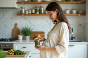 Femme enceinte lisant l'étiquette d'un pot de pesto dans une cuisine moderne, illustrant les précautions alimentaires pendant la grossesse