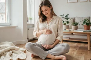 Femme enceinte sereine assise sur un plancher en bois, tenant doucement son ventre arrondi dans un salon scandinave lumineux