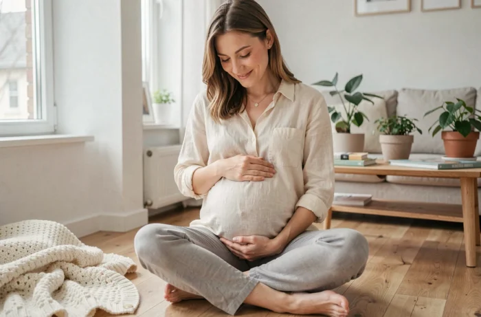 Femme enceinte sereine assise sur un plancher en bois, tenant doucement son ventre arrondi dans un salon scandinave lumineux