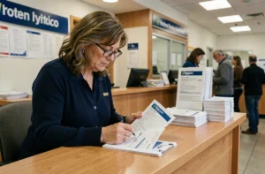 Femme remplissant un formulaire de transfert d'argent Western Union dans une agence