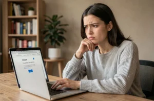 Jeune femme frustrée devant un écran d'ordinateur affichant une erreur de connexion à un service en ligne