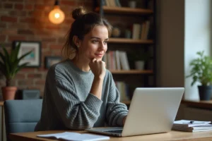 Femme lisant les actualités du site Soyons Sérieux sur un ordinateur portable dans un bureau moderne