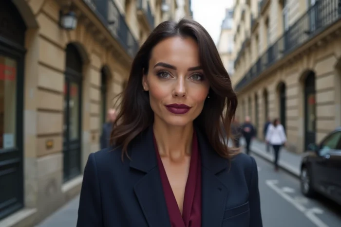 Femme avec un maquillage tendance lèvres berry et smoky eyes dans une rue parisienne