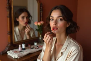 Jeune femme appliquant un rouge à lèvres tendance corail devant un miroir dans une chambre parisienne moderne