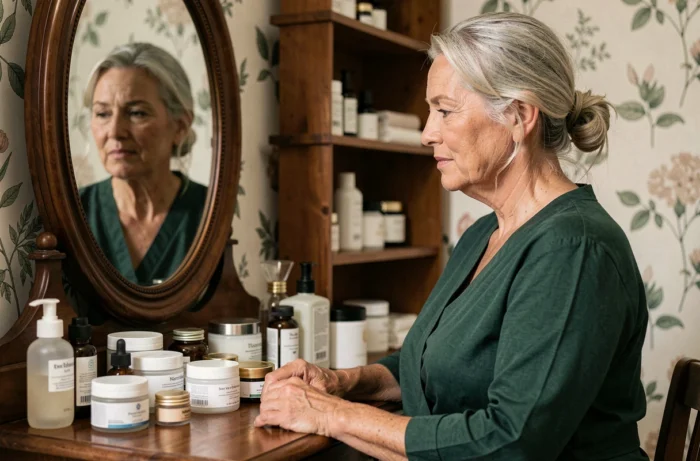 Femme mature aux cheveux gris naturels explorant sa collection de soins de beauté devant une coiffeuse vintage