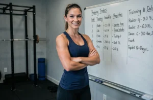 Femme sportive motivée devant un tableau de planification d'objectifs sportifs dans une salle de sport à domicile