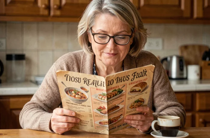 Femme française quinquagénaire consultant nostalgiquement un ancien menu de restaurant disparu à sa table de cuisine