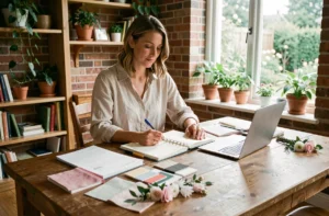 Femme organisant un mariage à son bureau avec des échantillons de tissus, un carnet de planification et un ordinateur portable