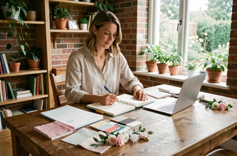 Femme organisant un mariage à son bureau avec des échantillons de tissus, un carnet de planification et un ordinateur portable