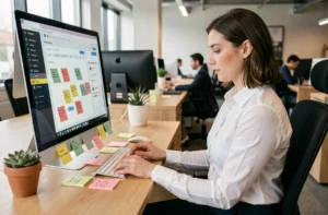 Femme professionnelle organisant ses tâches sur un logiciel de gestion de projet au bureau
