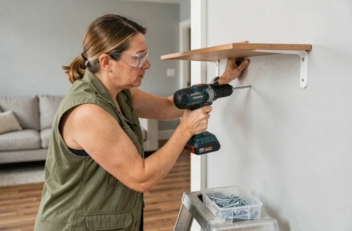 Femme bricolant en train de percer un mur pour installer une étagère dans un salon