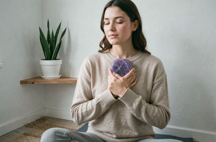 Femme tenant une pierre d'améthyste pour soulager le stress et l'anxiété dans un intérieur minimaliste
