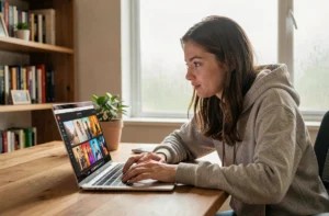 Jeune femme utilisant une plateforme de streaming en ligne sur son ordinateur portable dans un bureau à domicile