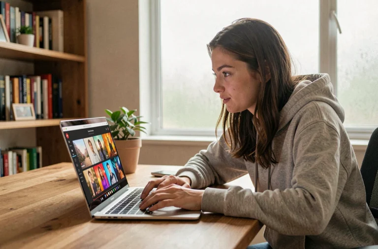 Jeune femme utilisant une plateforme de streaming en ligne sur son ordinateur portable dans un bureau à domicile