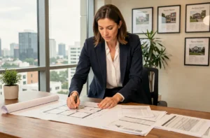 Femme professionnelle analysant des plans immobiliers et des documents financiers dans un bureau moderne pour un projet d'investissement immobilier