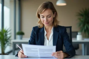 Une femme professionnelle en blazer marine examine attentivement un contrat IAD posé sur un bureau d'entreprise moderne, stylo en main
