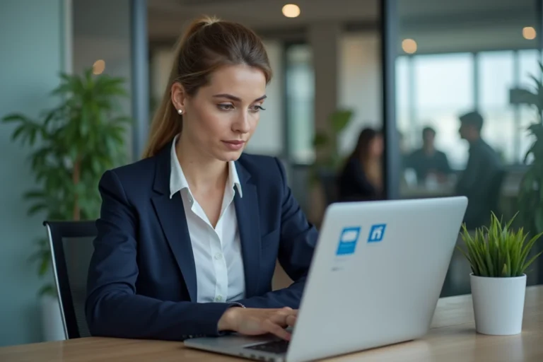 Femme professionnelle optimisant son profil LinkedIn sur un ordinateur portable dans un bureau moderne