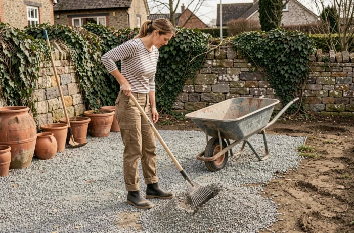 Femme râtelant du gravier dans une cour extérieure avec une brouette pour l'enlèvement des pierres