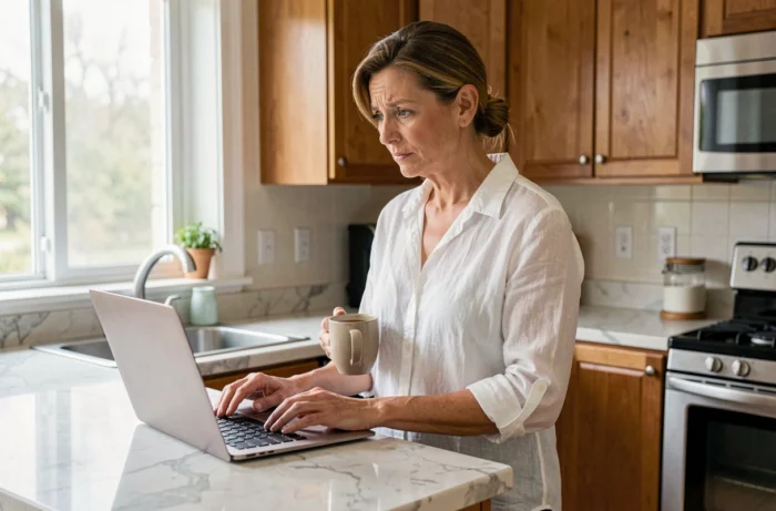 Femme cherchant une solution à un problème d'accès à un service web depuis sa cuisine avec un ordinateur portable
