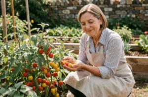 Femme au jardin tenant une grappe de tomates cerises rouges et jaunes d'une variété buissonnante sans tuteur