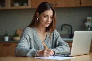 Femme rédigeant un courrier de justification d'absence pour raison familiale impérieuse à son bureau à domicile