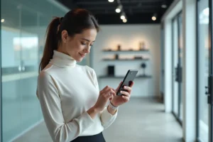 Femme tenant un smartphone pliable dans un showroom technologique moderne