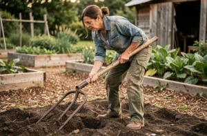 Femme utilisant une grelinette pour aérer la terre dans un potager écologique avec des planches de culture en arrière-plan