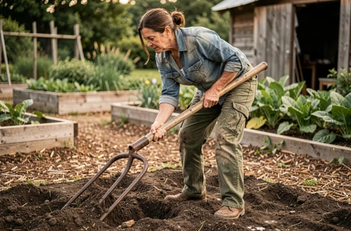 Femme utilisant une grelinette pour aérer la terre dans un potager écologique avec des planches de culture en arrière-plan