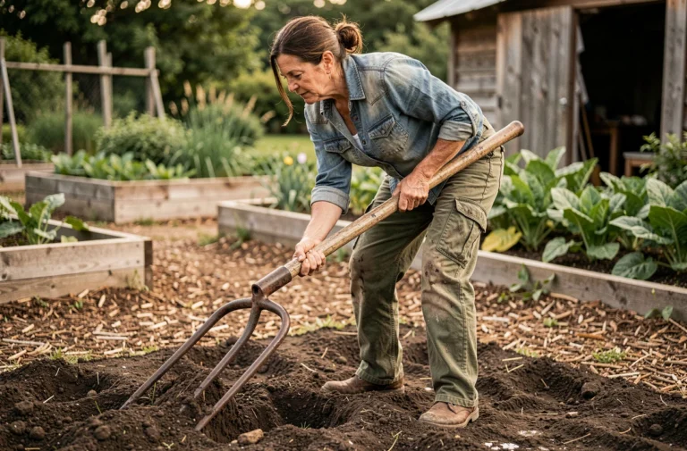 Femme utilisant une grelinette pour aérer la terre dans un potager écologique avec des planches de culture en arrière-plan