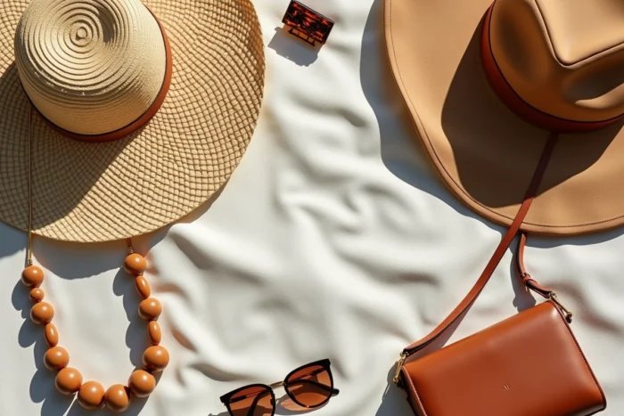 Flat-lay d'accessoires de mode incontournables de la saison incluant chapeau, sac en cuir cognac, collier et lunettes sur lin texturé