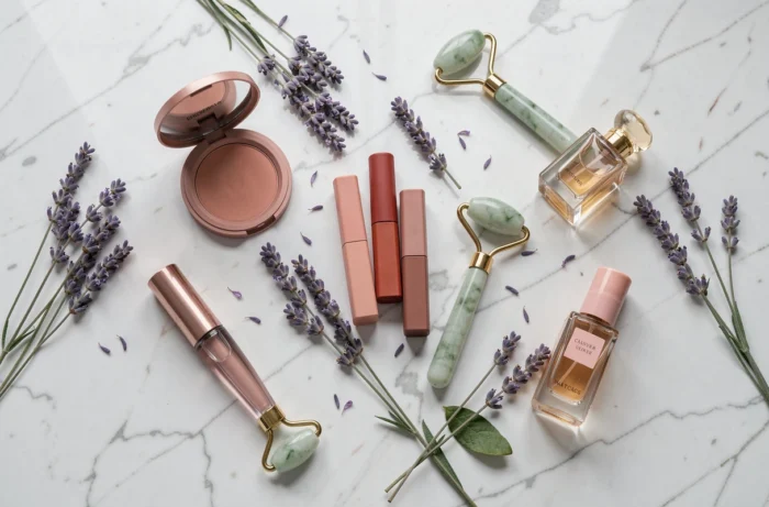 Flat lay de produits de beauté et de maquillage disposés sur du marbre blanc avec de la lavande séchée