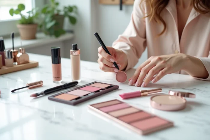 Flat lay de produits de maquillage tendance sur marbre blanc dans un studio beauté professionnel