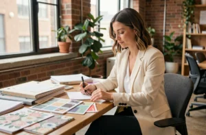 Femme organisatrice de mariage en formation professionnelle, étudiant des dossiers et échantillons de tissus dans un espace de travail moderne