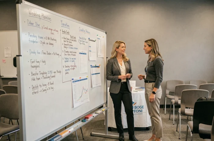 Formatrice experte et stagiaire en organisation de mariage discutant d'un planning détaillé devant un tableau blanc dans une salle de formation
