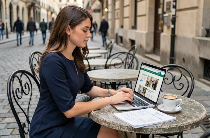 Jeune femme suivant une formation en ligne pour devenir wedding planner, travaillant sur son ordinateur portable en terrasse de café dans une ville européenne