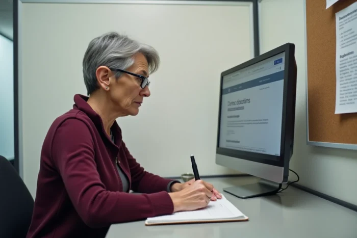 Femme remplissant un formulaire administratif dans un bureau de consultation Solerys Pôle emploi