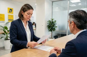 Une cliente gérant ses comptes à la Banque Postale avec un conseiller dans une agence moderne