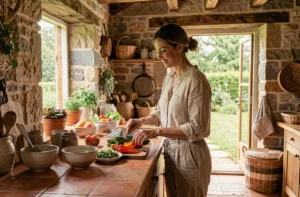 Femme préparant un petit-déjeuner dans un gîte écologique en pierre avec poutres apparentes, hébergement solidaire en France rurale