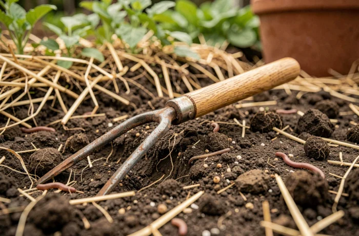 Gros plan d'une grelinette posée sur une terre meuble et fertile avec des vers de terre et du compost au jardin