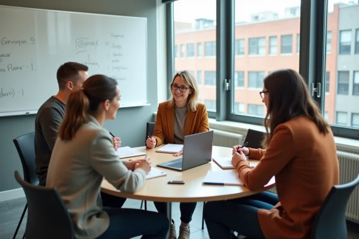 Groupe d'adultes en formation continue participant à une discussion autour d'une table dans une salle de cours