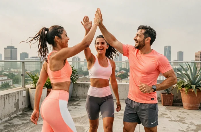 Groupe d'amis sportifs célébrant leurs objectifs atteints sur un rooftop urbain après une course