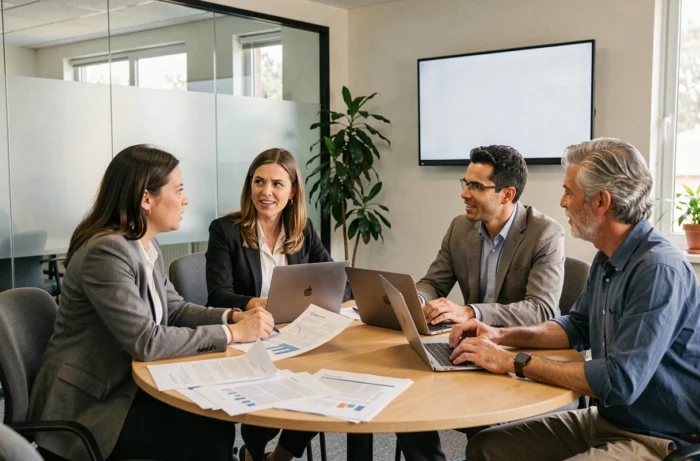 Groupe d'enseignants discutant ensemble des opportunités de progression professionnelle liées au nouveau pacte enseignant 2026