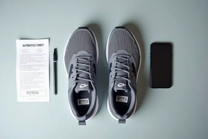 Vue de dessus d'une Nike avec checklist d'authentification et application de vérification de numéro de série