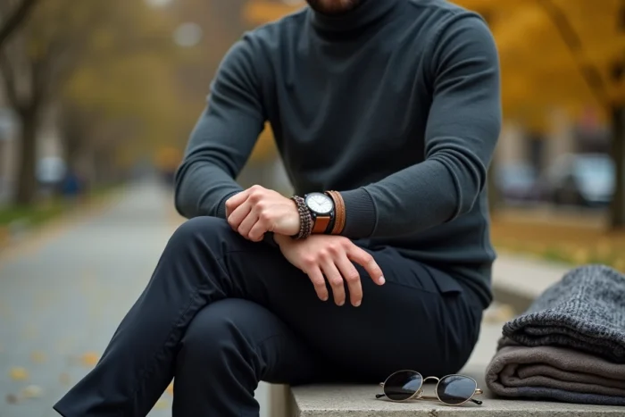 Homme stylé dans un parc urbain en automne portant montre en cuir, bracelets et écharpe en laine comme accessoires tendance