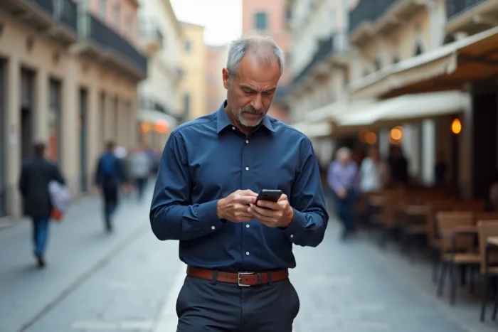 Homme consultant les nouveautés du site Soyons Sérieux sur son smartphone en milieu urbain