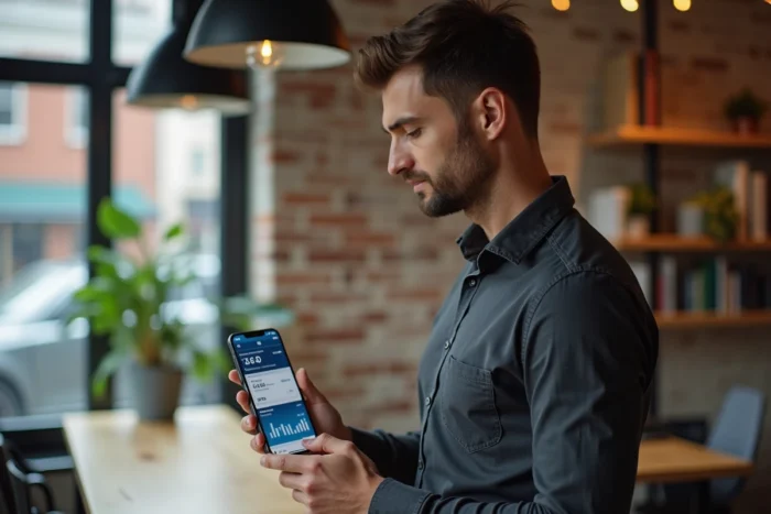 Homme d'affaires consultant les statistiques LinkedIn sur son smartphone dans un espace de coworking
