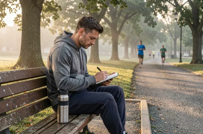 Homme sportif écrivant ses objectifs dans un carnet dans un parc urbain au lever du jour