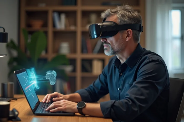 Homme utilisant un casque de réalité augmentée dans un bureau à domicile moderne