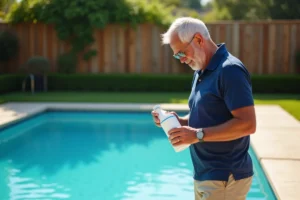 Homme lisant l'étiquette d'un produit de chlore choc au bord d'une piscine extérieure