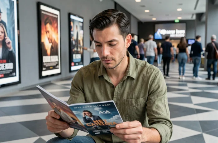 Homme dans un hall de cinéma moderne consultant un programme de films, actualités cinéma et culture